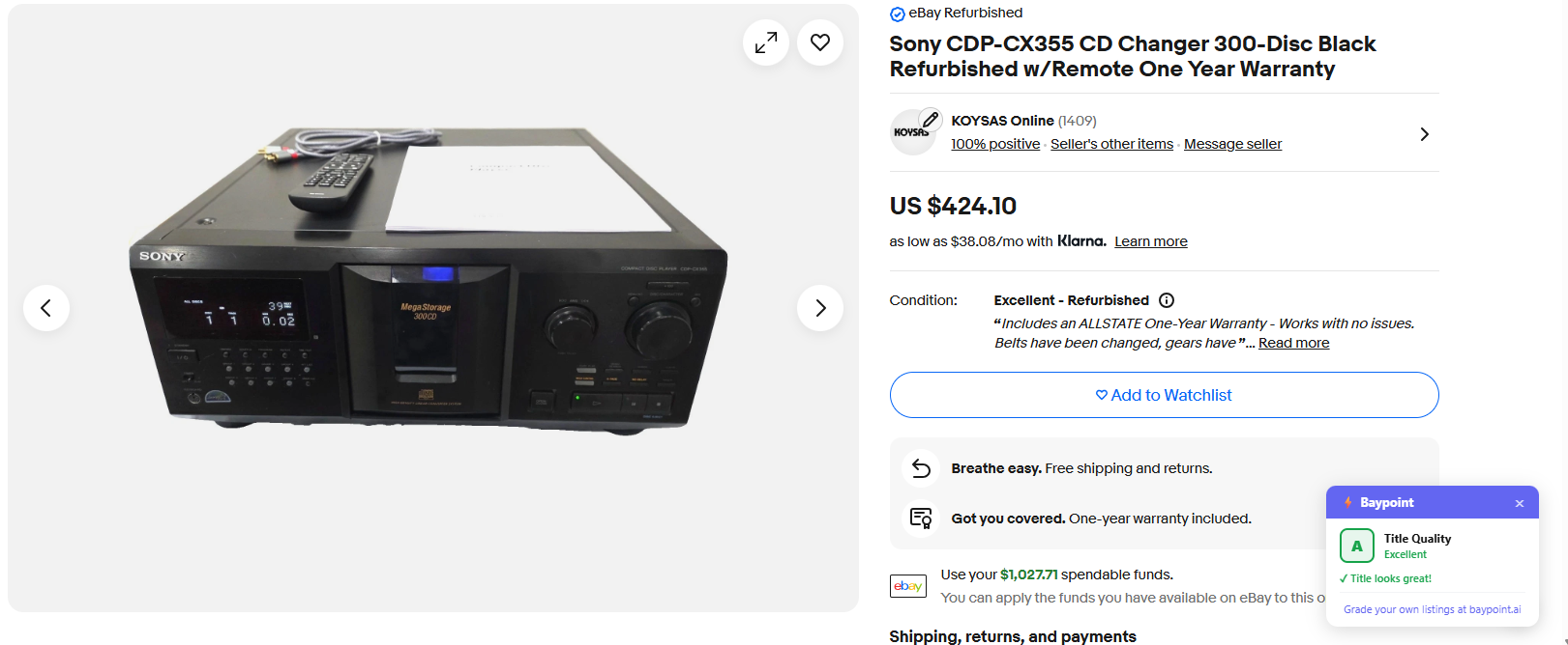 BayPoint extension showing listing score badge on eBay listing page