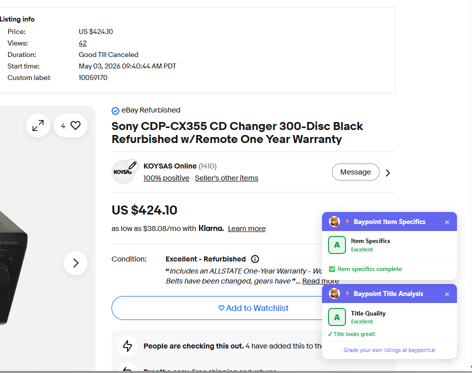 Item Specifics Inspector badge showing Grade A — fully optimized listing